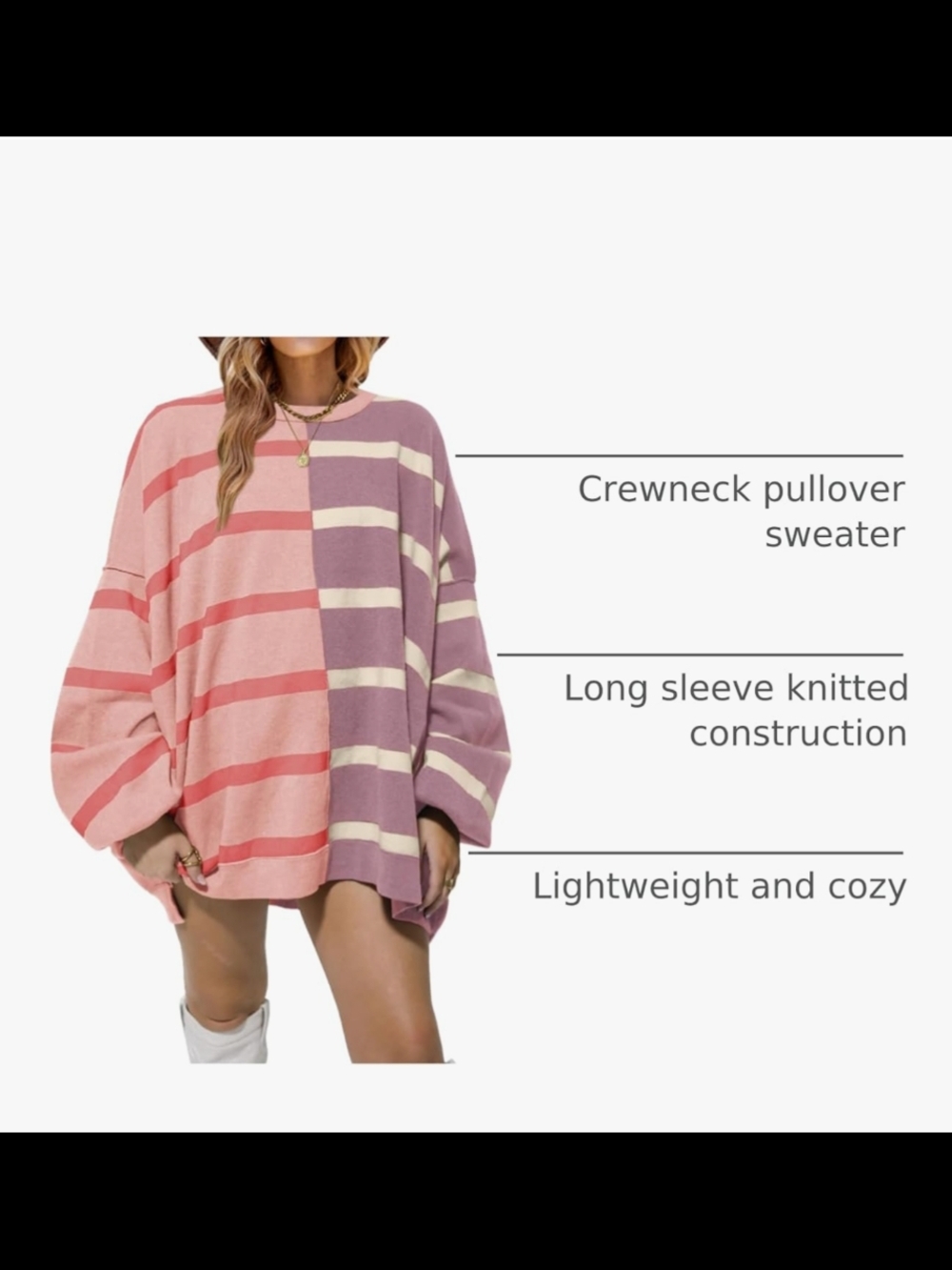 Fisoew Two-Tone Pink & Purple Striped Crewneck Sweater XL - Picture 6 of 7